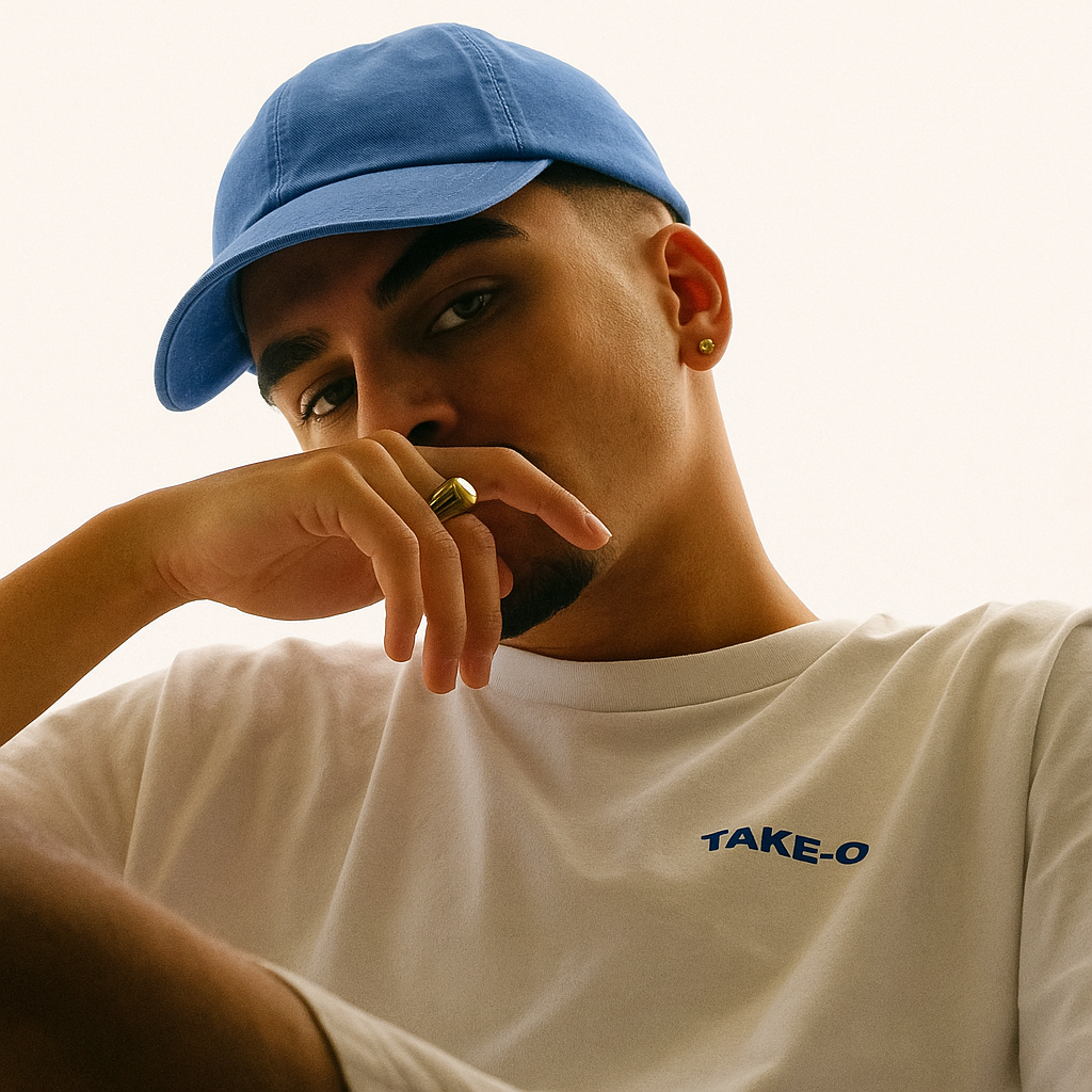 A young man in a relaxed pose wearing a logo-free beige vintage cap and minimalist white t-shirt, styled in soft natural lighting with a clean aesthetic.