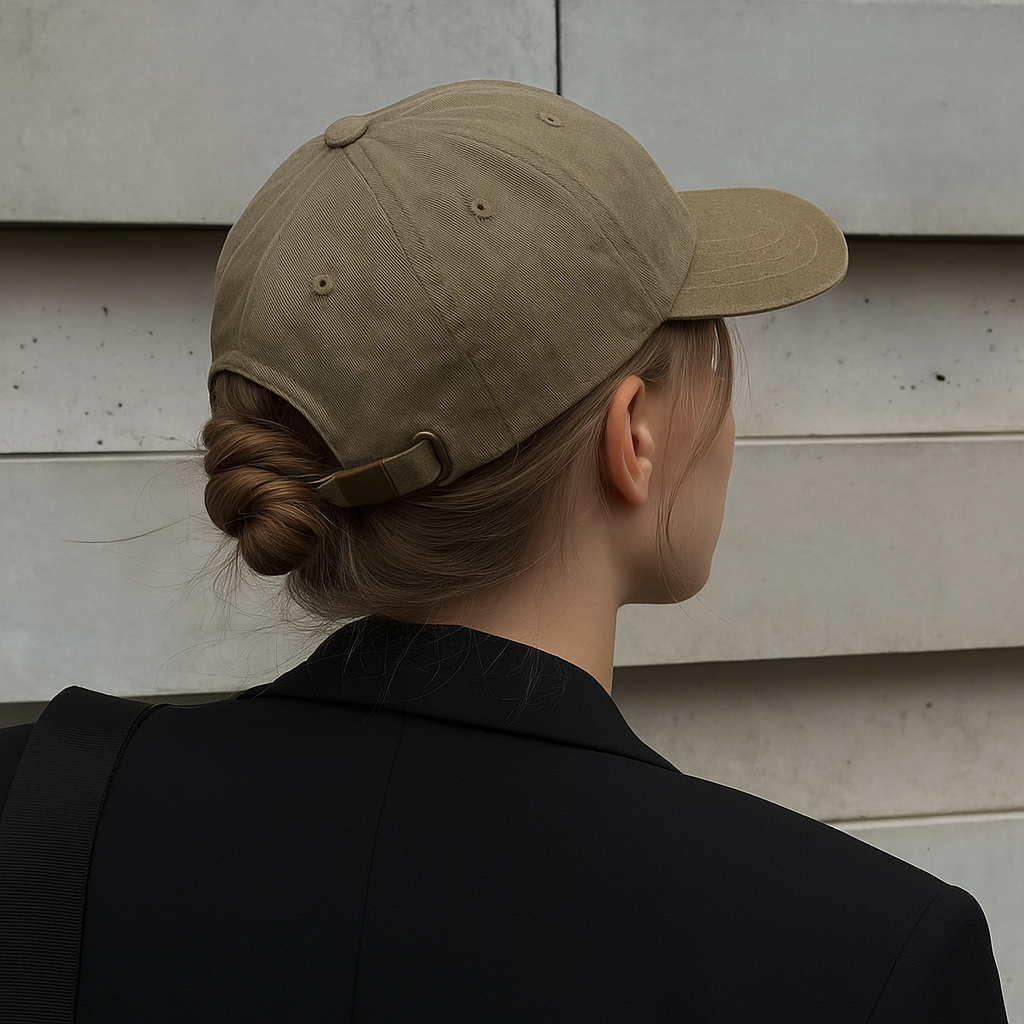 Close-up of woman wearing khaki logo-free vintage cap in natural light