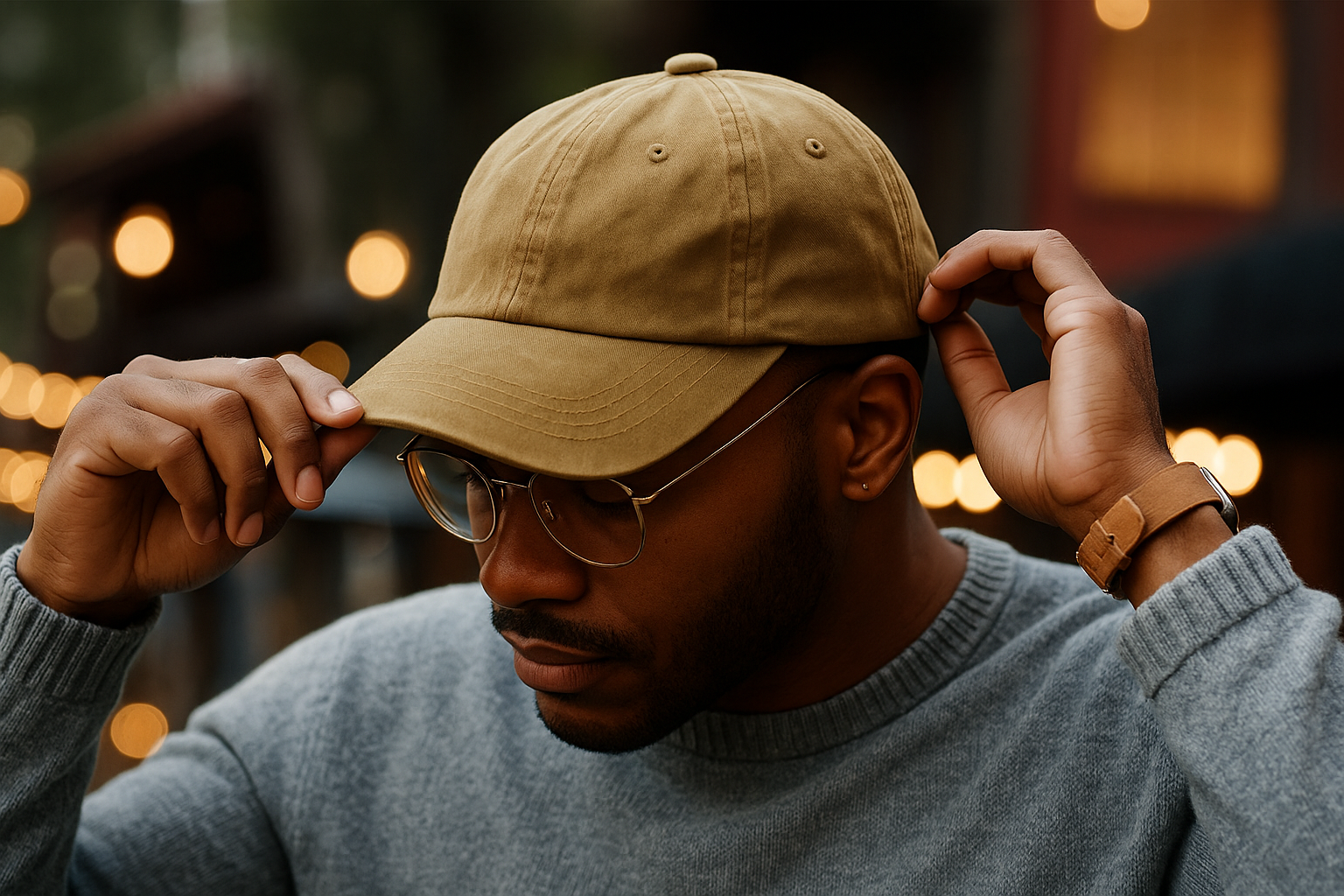 Model adjusting vintage khaki cap with no logo in cozy ambient setting
