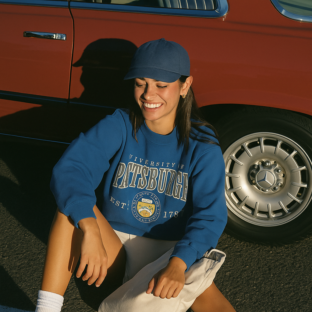 Smiling woman in vintage-style blue cap and matching sweatshirt, sitting casually by a red car on a sunny day