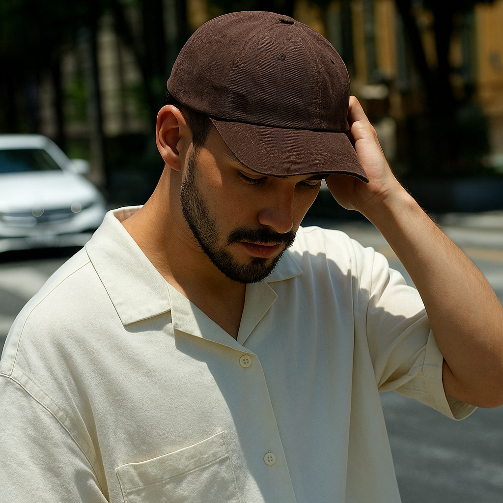 Vintage khaki baseball cap on model in natural light – minimalist fashion focus