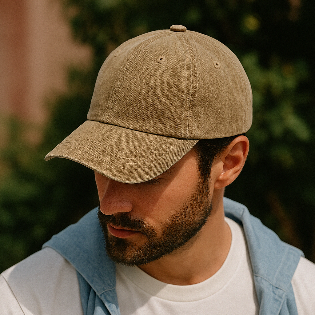 Close-up of a bearded man wearing a vintage-style logo-free khaki cap in natural daylight, styled with a white T-shirt and denim shirt in a minimalist outdoor setting.
