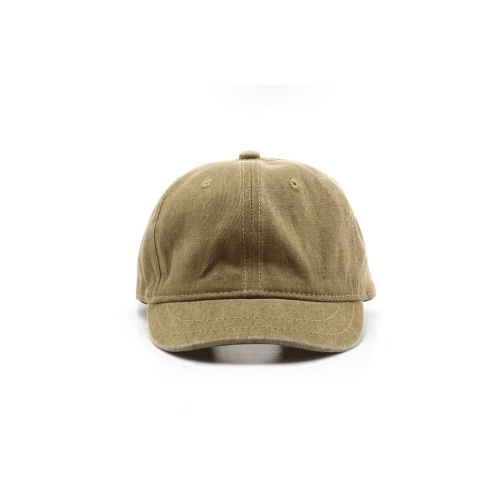 Front view of vintage khaki baseball cap with minimalist design and no logo