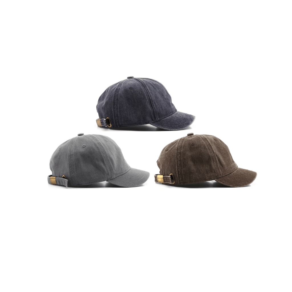 Set of 3 logo-free dad hats with adjustable brass buckles in neutral vintage tones