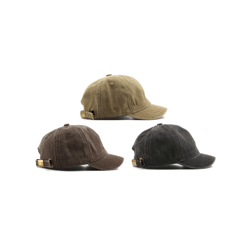 Three-pack of vintage washed caps in khaki, brown, and black – minimalist design, no branding