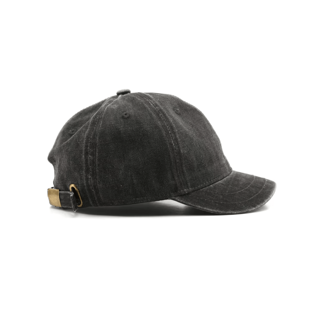 Unbranded black baseball hat featuring a soft short brim and timeless six-panel construction