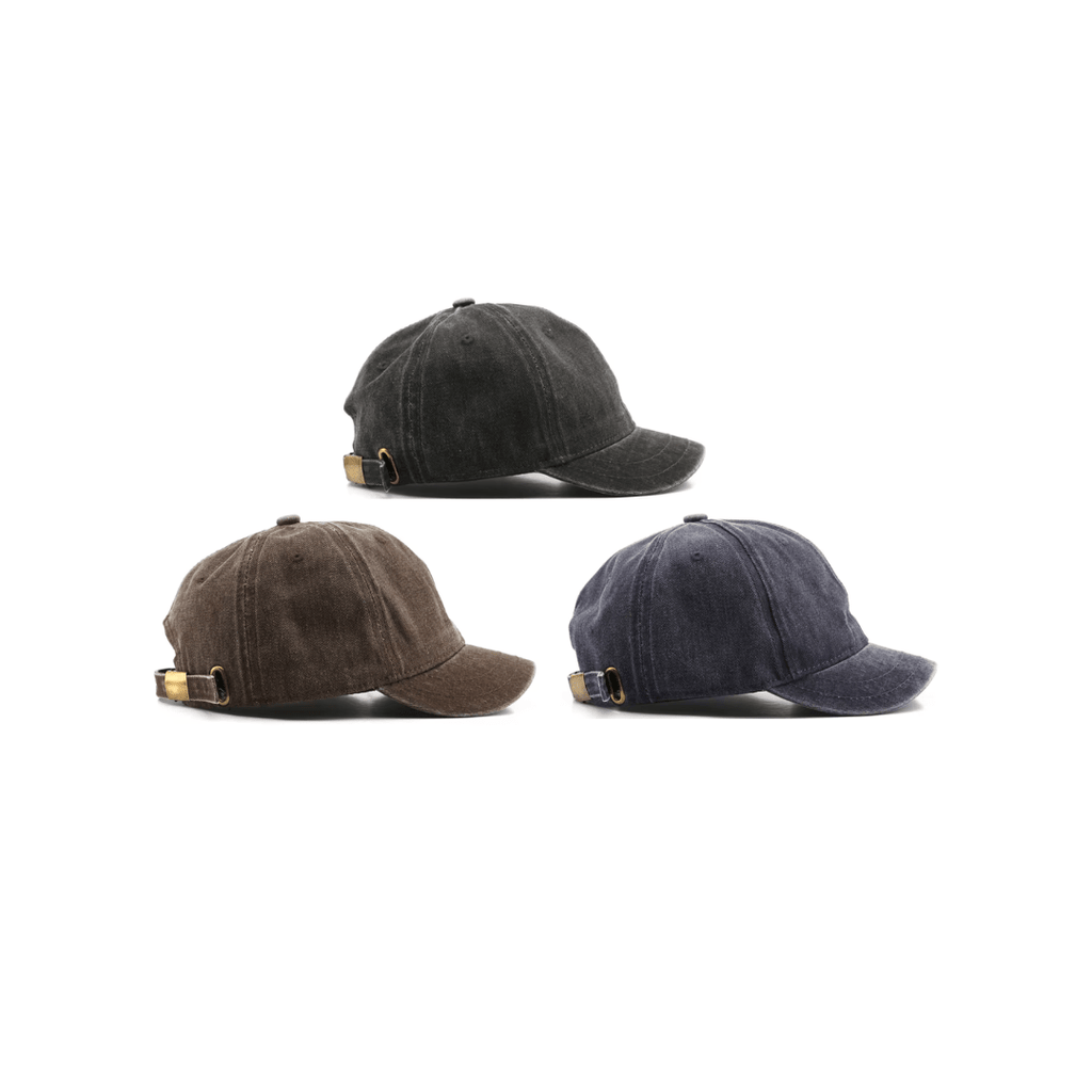 Washed cotton caps in khaki, charcoal, and coffee brown – a clean look for those who choose simplicity